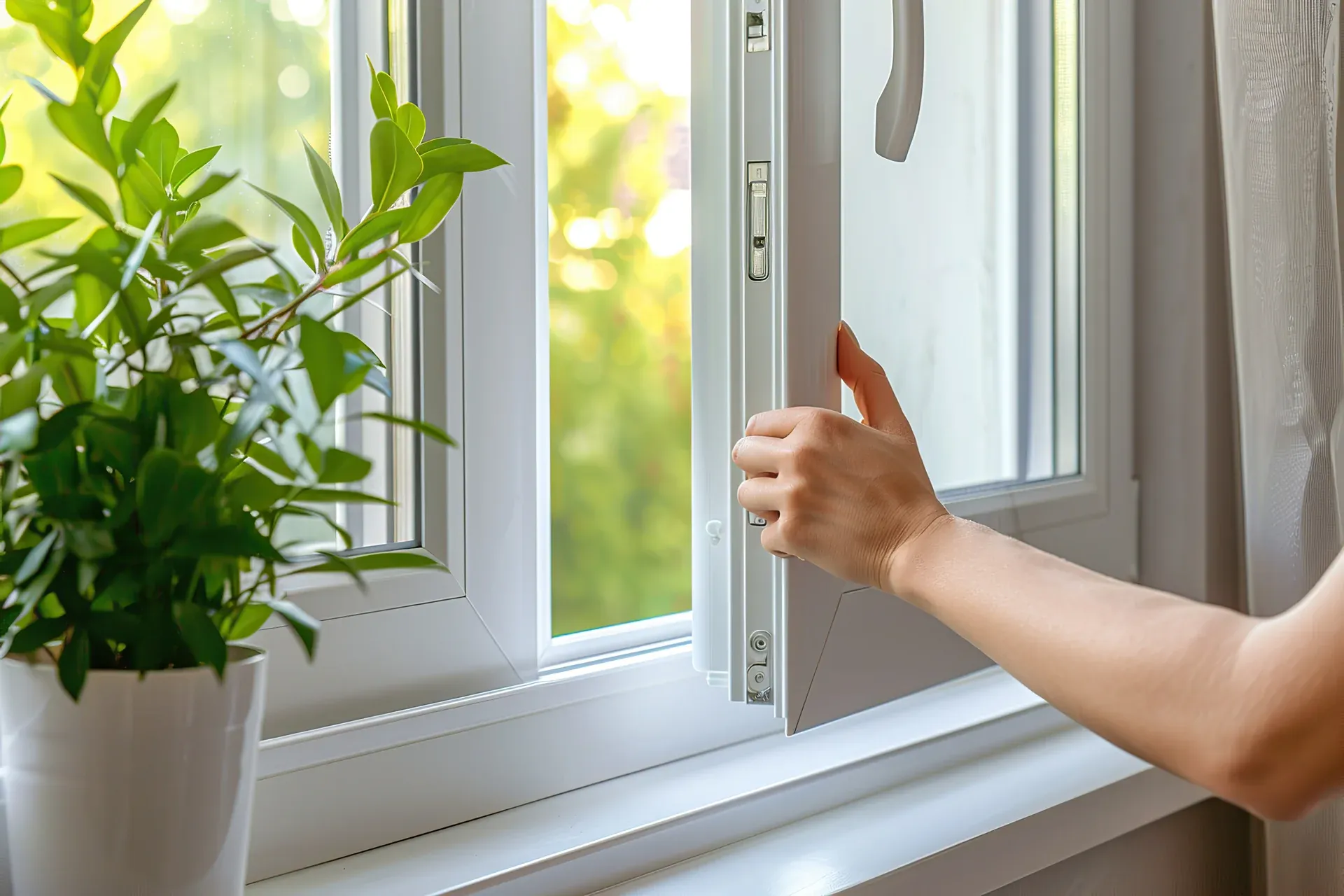 A person's hand opening a white UPVC window with a potted green plant on the windowsill, looking out to a bright green outdoor scene.